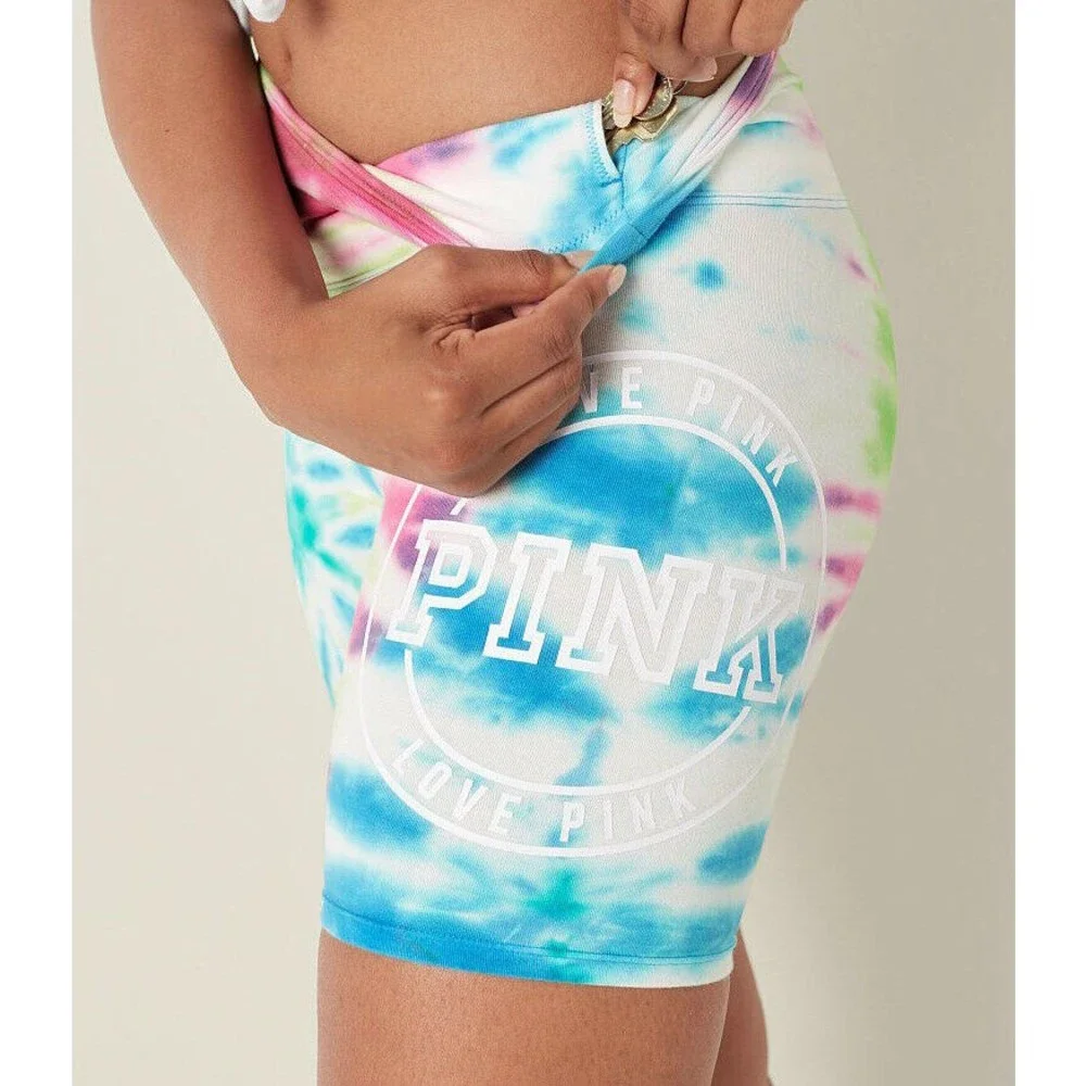 VS VICTORIAS SECRET PINK HIGH WAIST BIKE SHORT SHORTIE SPIRAL TIE DYE M